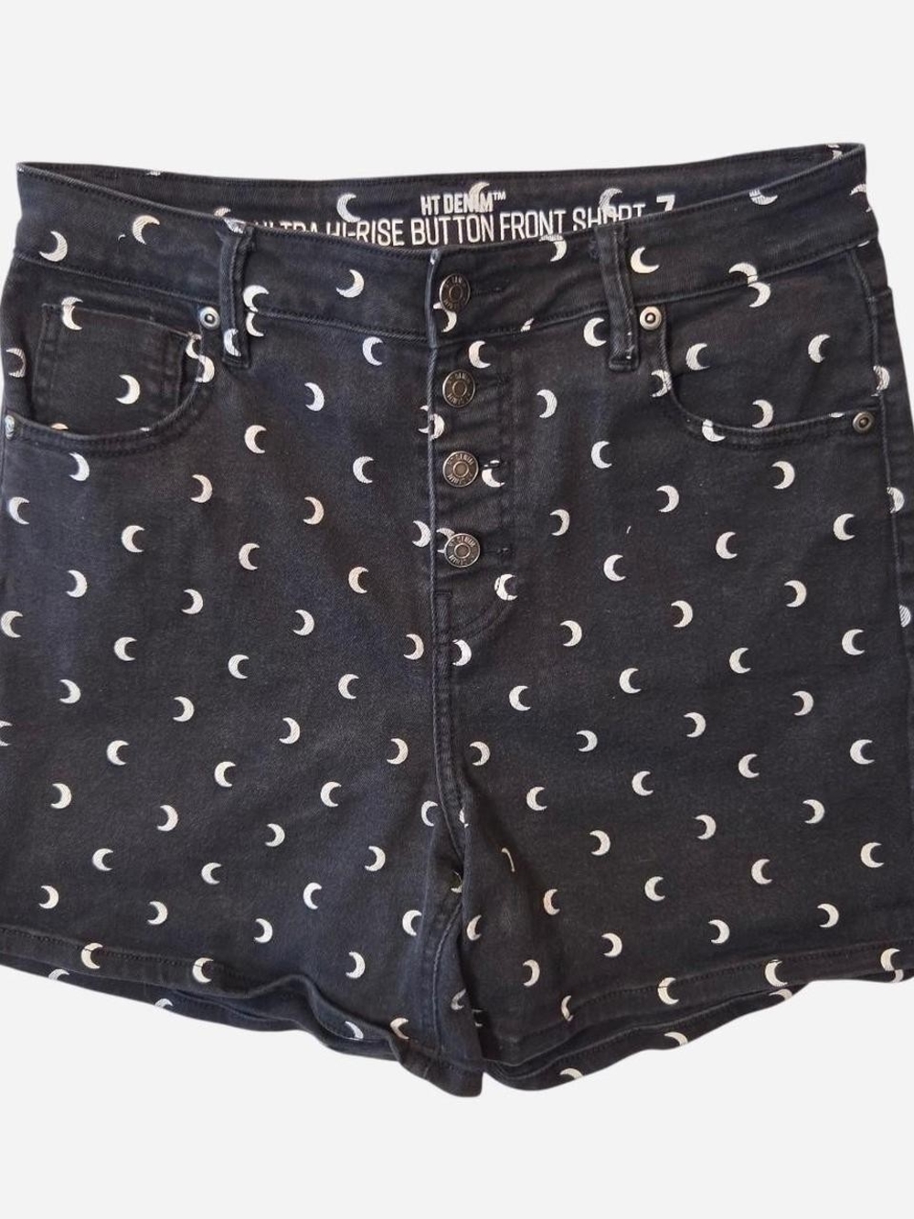 Whimsy High-Rise Button Front Moon Print Denim Shorts - Black/ White Sz 7